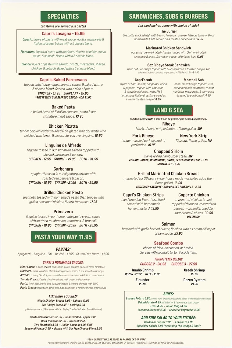 Menu-style image of pasta and Italian dishes.