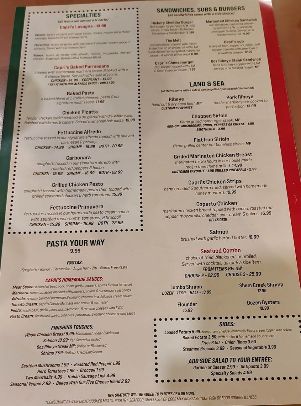 Restaurant menu photo with plated dishes.