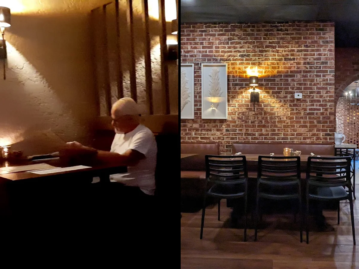 Italian restaurant dining room with set tables.